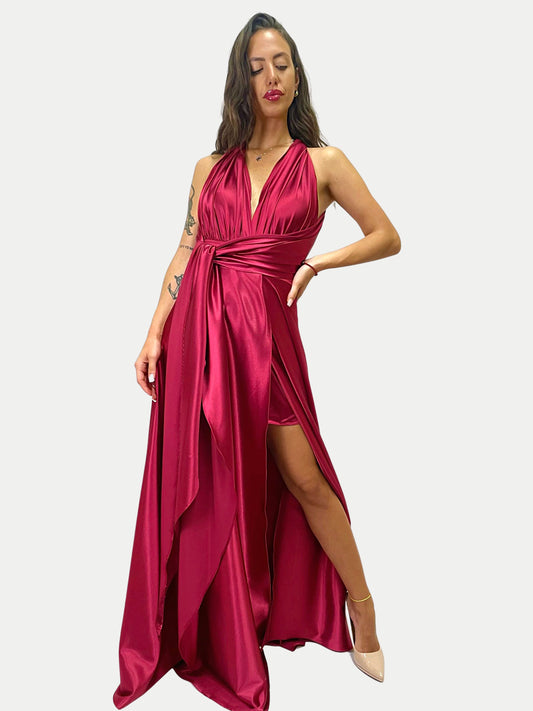 Abito in raso effetto seta con scollatura profonda a fasce