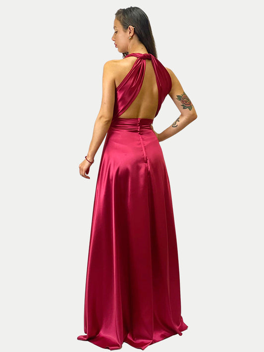 Abito in raso effetto seta con scollatura profonda a fasce