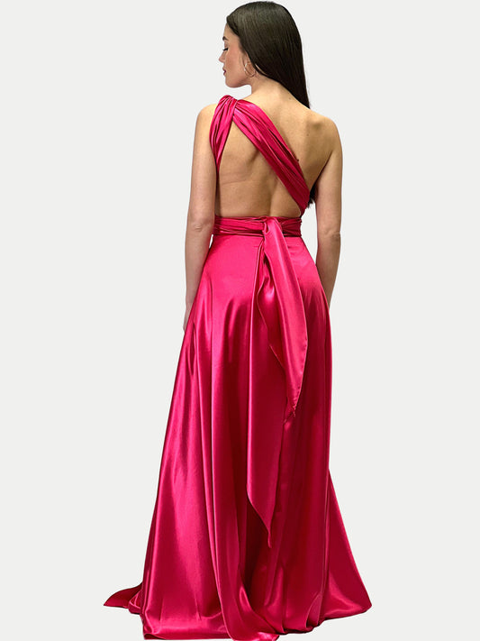 Abito in raso effetto seta con scollatura profonda a fasce