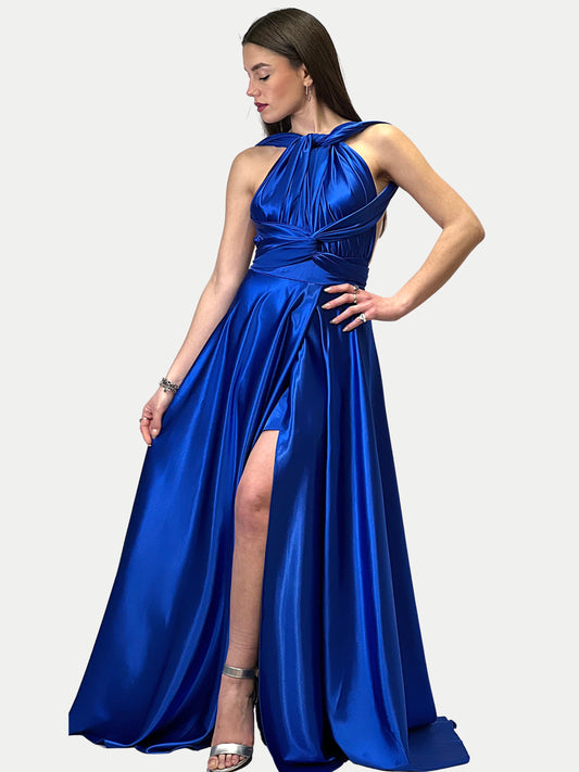 Abito in raso effetto seta con scollatura profonda a fasce